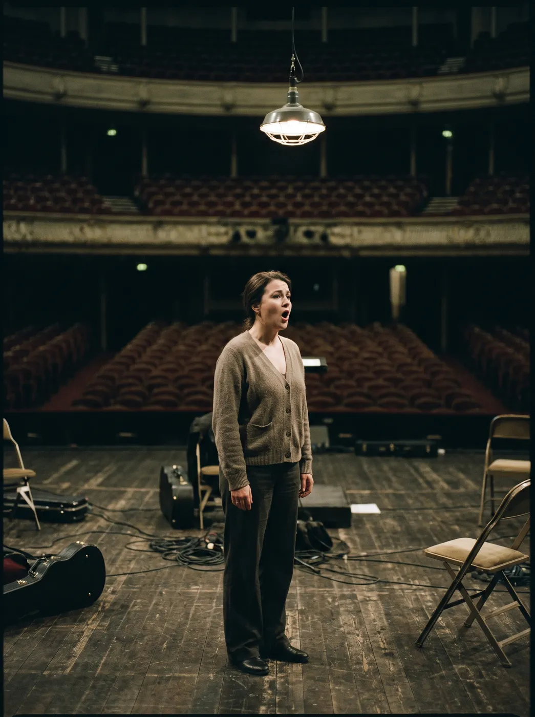 A singer alone on an empty stage