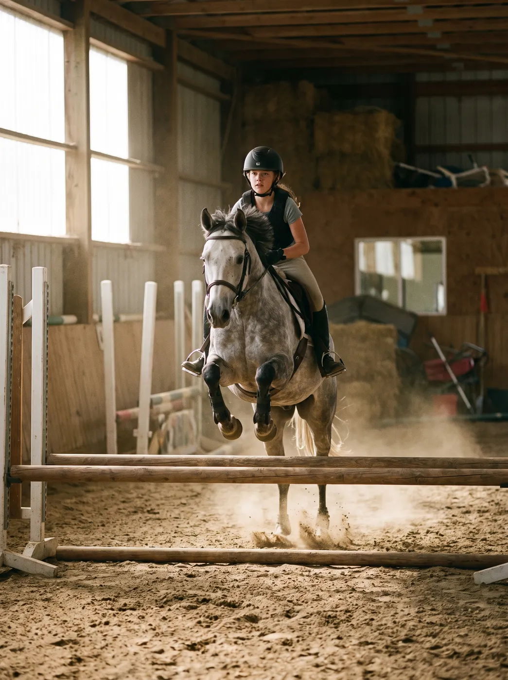Horse and rider jumping a fence